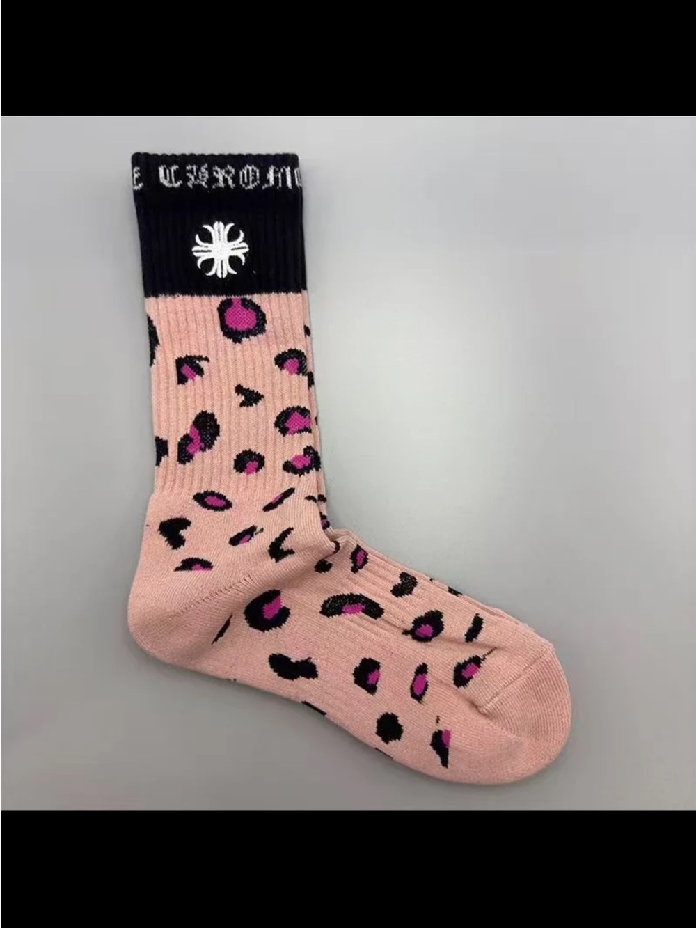 Chrome Hearts Pink Leopard Crew Socks with Black Cuff and White Logo